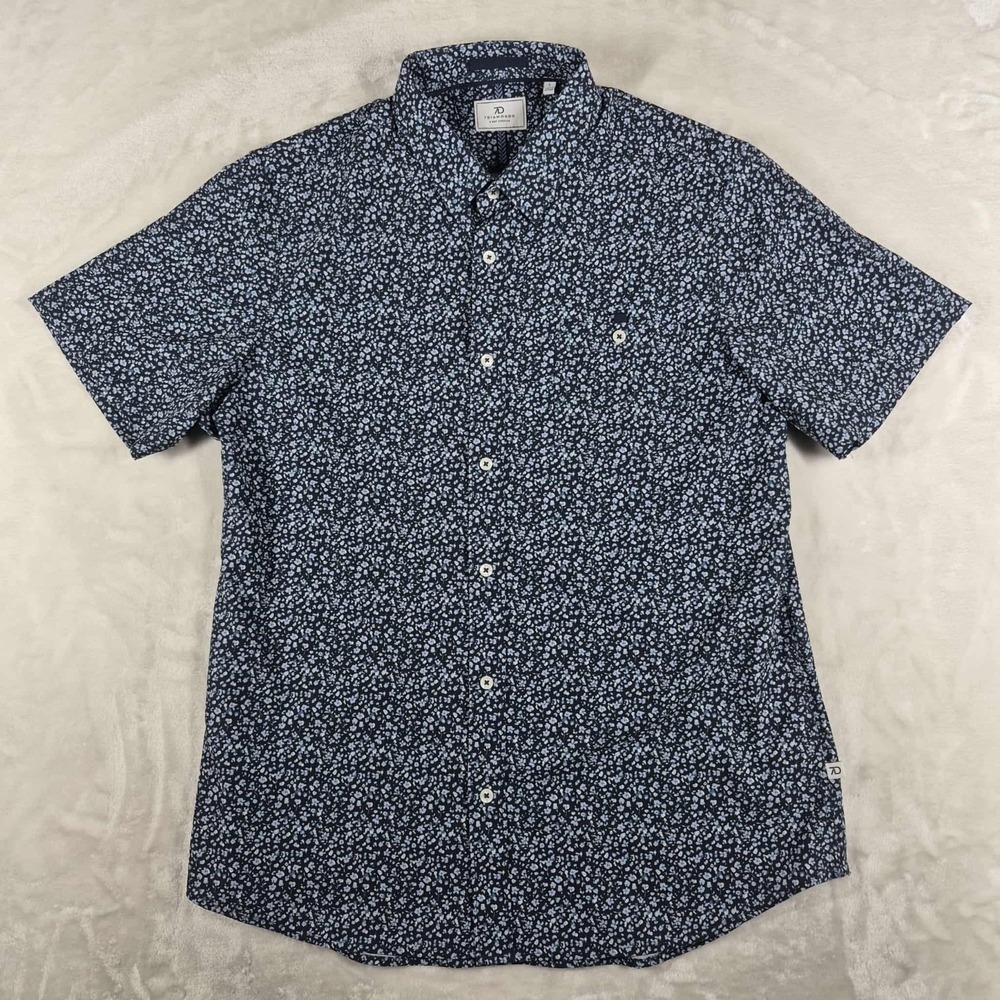 7 Diamonds 4 Way Stretch Shirt Men's Large Blue‎ Floral Short Sleeve Button Up
